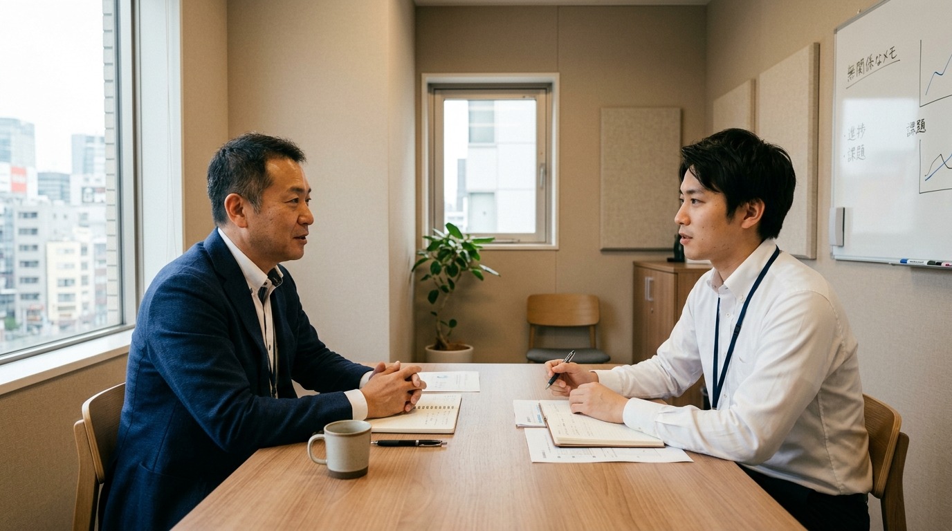 小さな面談室で上司と部下が1対1で向かい合って面談している様子