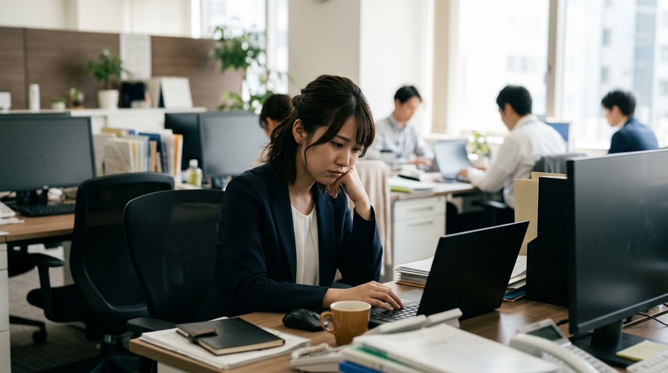 オフィスのデスクに向かいながら浮かない表情をしている20代の女性社員