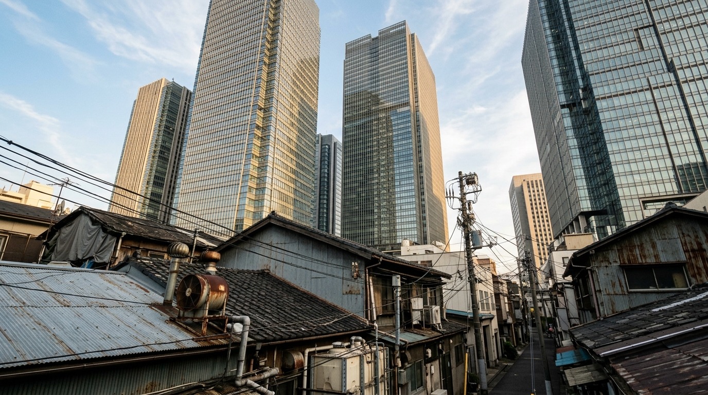 日本のビジネス街のビル群を見上げた構図と手前に小さな町工場の屋根