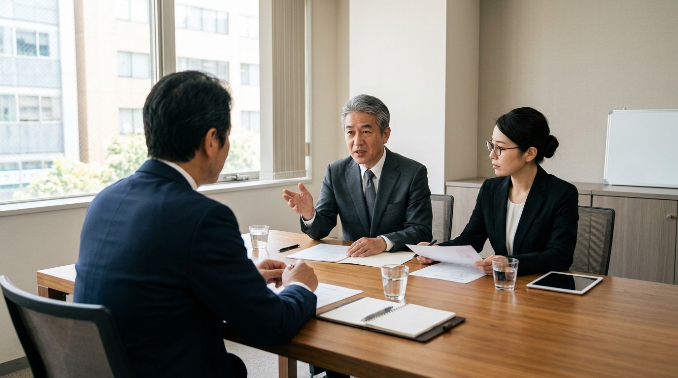 日本のオフィスの会議室で経営陣3名がテーブルを囲んで採用について議論している様子