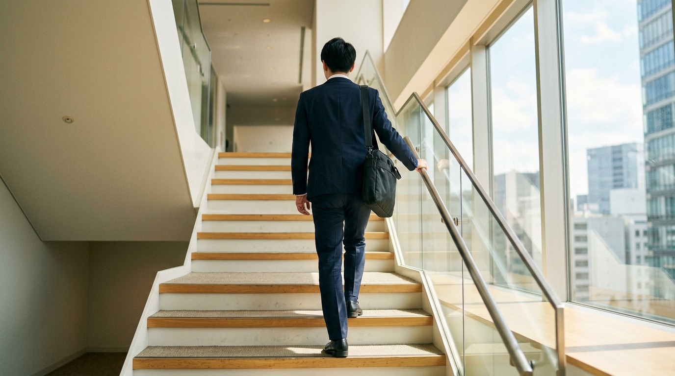 日本のオフィスの階段を上っていく社員の後ろ姿を下から捉えた構図