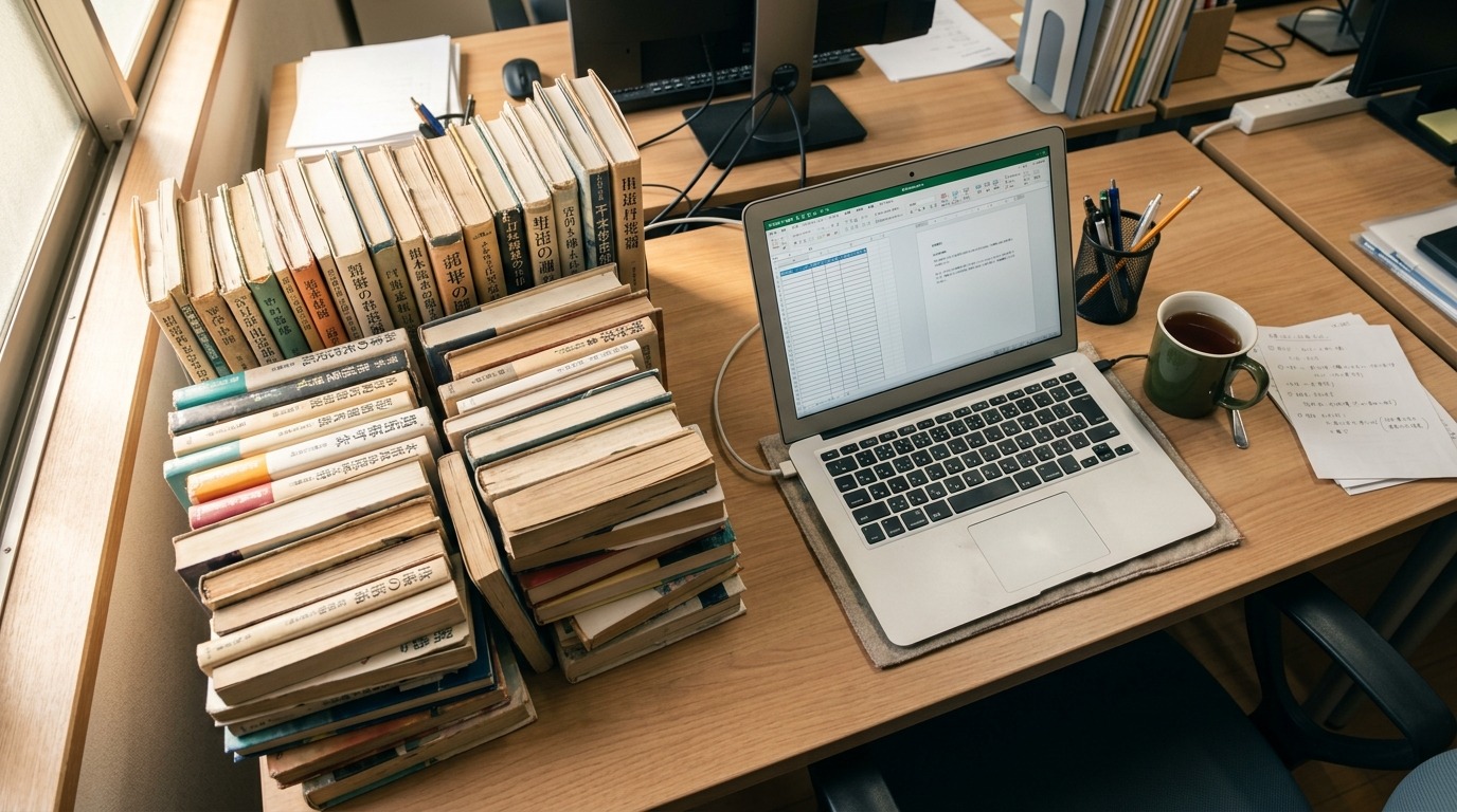 日本のオフィスの机に積み上がった書籍と開いたノートパソコンが並ぶ俯瞰