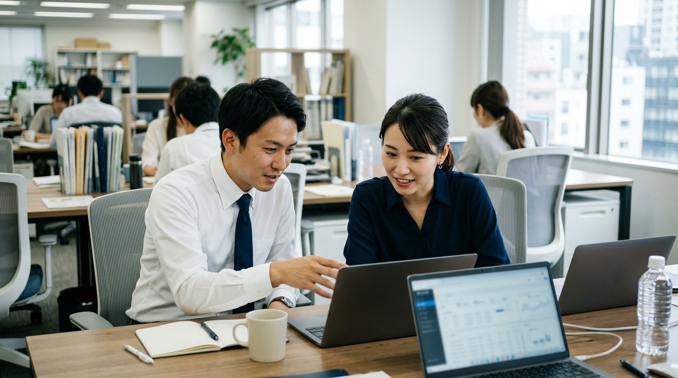 日本のオフィスで2人が並んで同じノートパソコンの画面を見ながら相談している様子