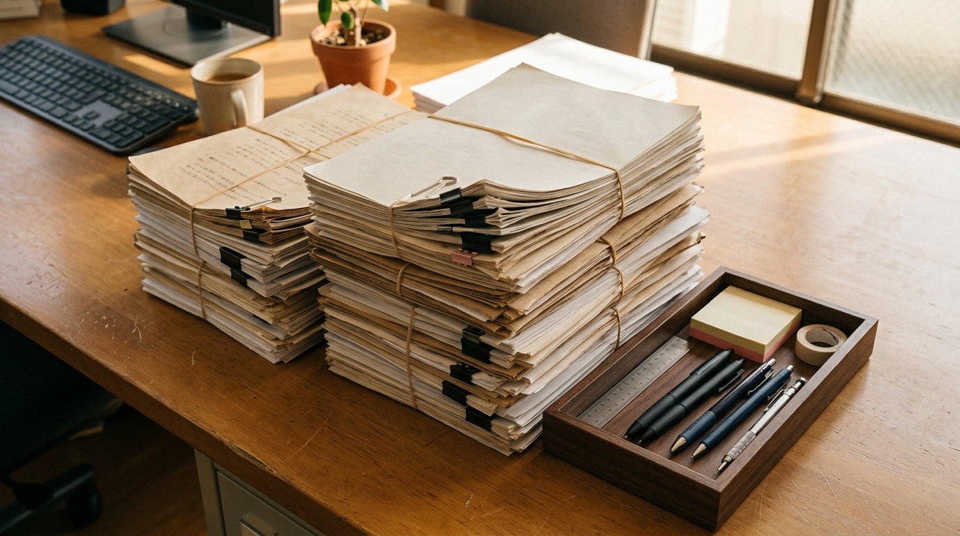 日本のオフィスの机に積み重ねられた書類の束とペンの俯瞰