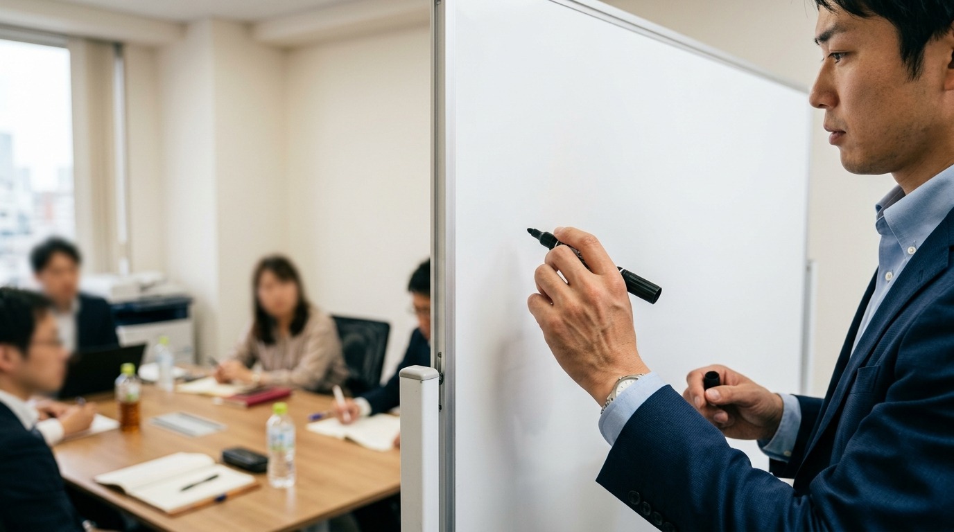 会議室で相手の話をホワイトボードに書き留めようとしている手元