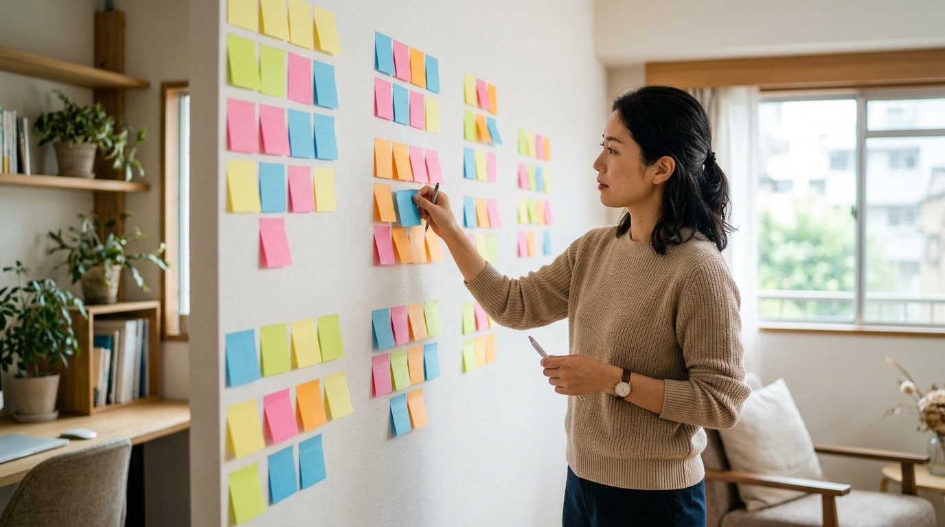 壁に付箋を貼りながら集めた意見を整理している30代の女性社員