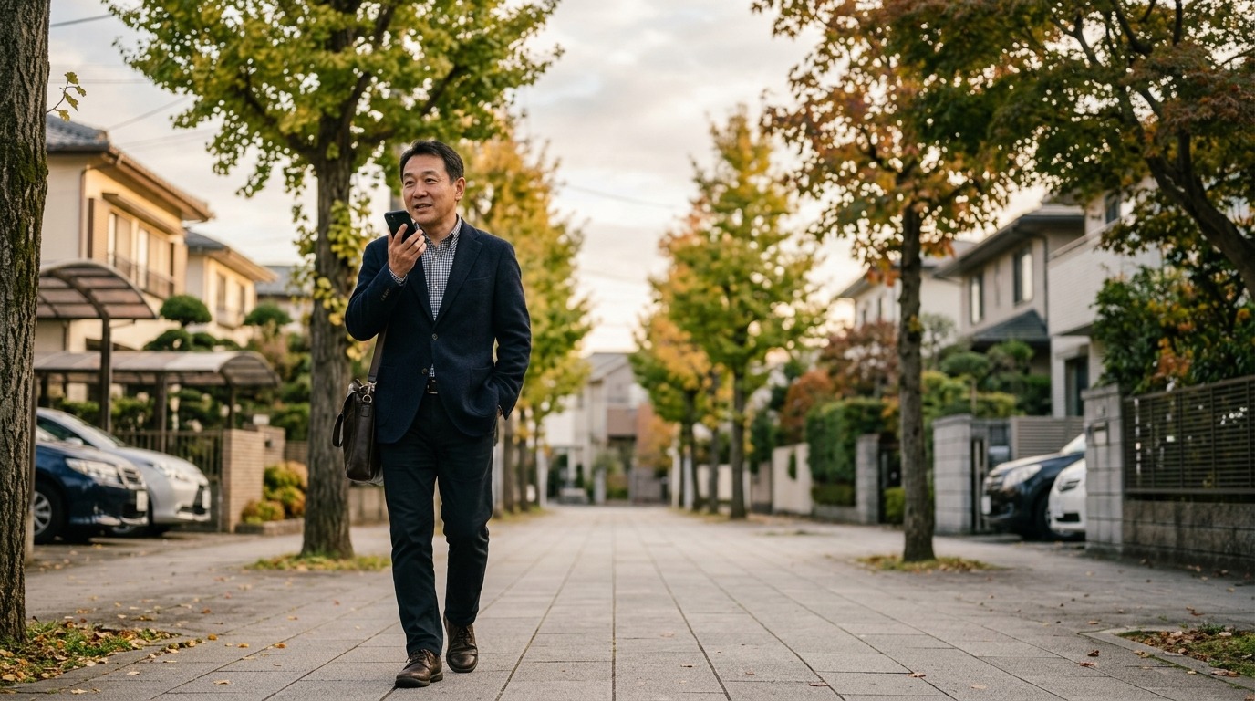 朝の街路でスマートフォンに自分の話を録音しながら歩く中小企業の経営者