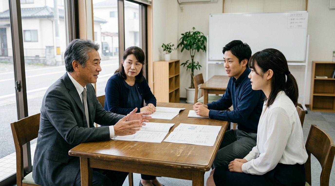 中小企業の経営者と社員が同じテーブルで対等に話し合っている様子