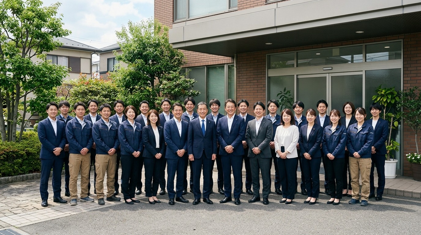 中小企業の経営者と社員たちが並んで同じ方向を向いている様子