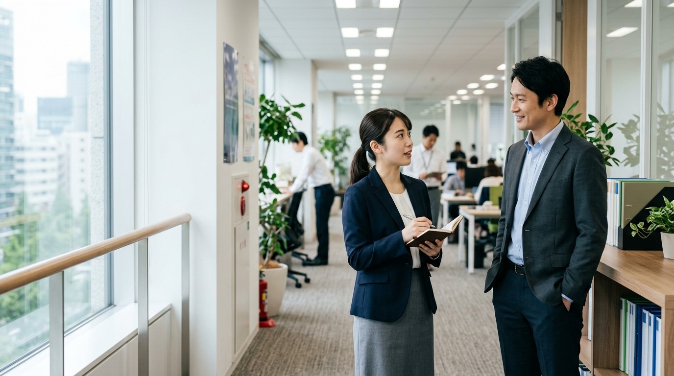 オフィスの廊下で若手社員が先輩社員に相談を持ちかけている立ち話の風景