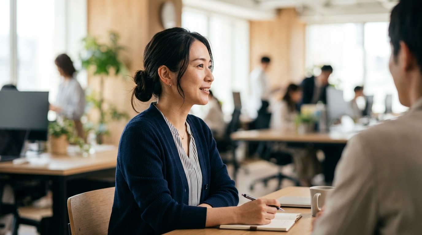 明るいオフィスで同僚の話に耳を傾けてうなずいている30代の女性社員