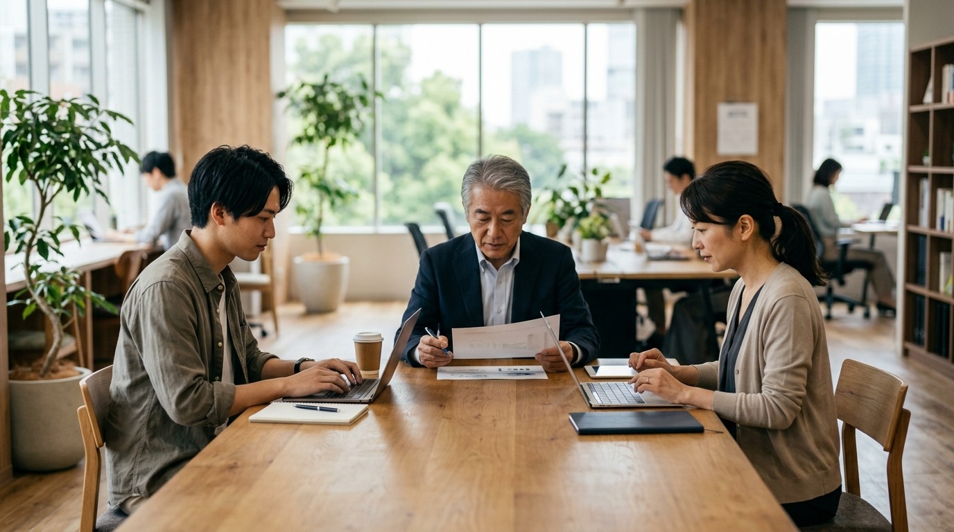 日本の中小企業のオフィスで年齢の異なる3世代の社員が同じテーブルで作業している様子
