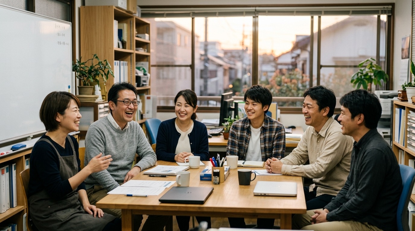 日本の中小企業のチームが仕事を終えて笑顔で会話している夕方のオフィス