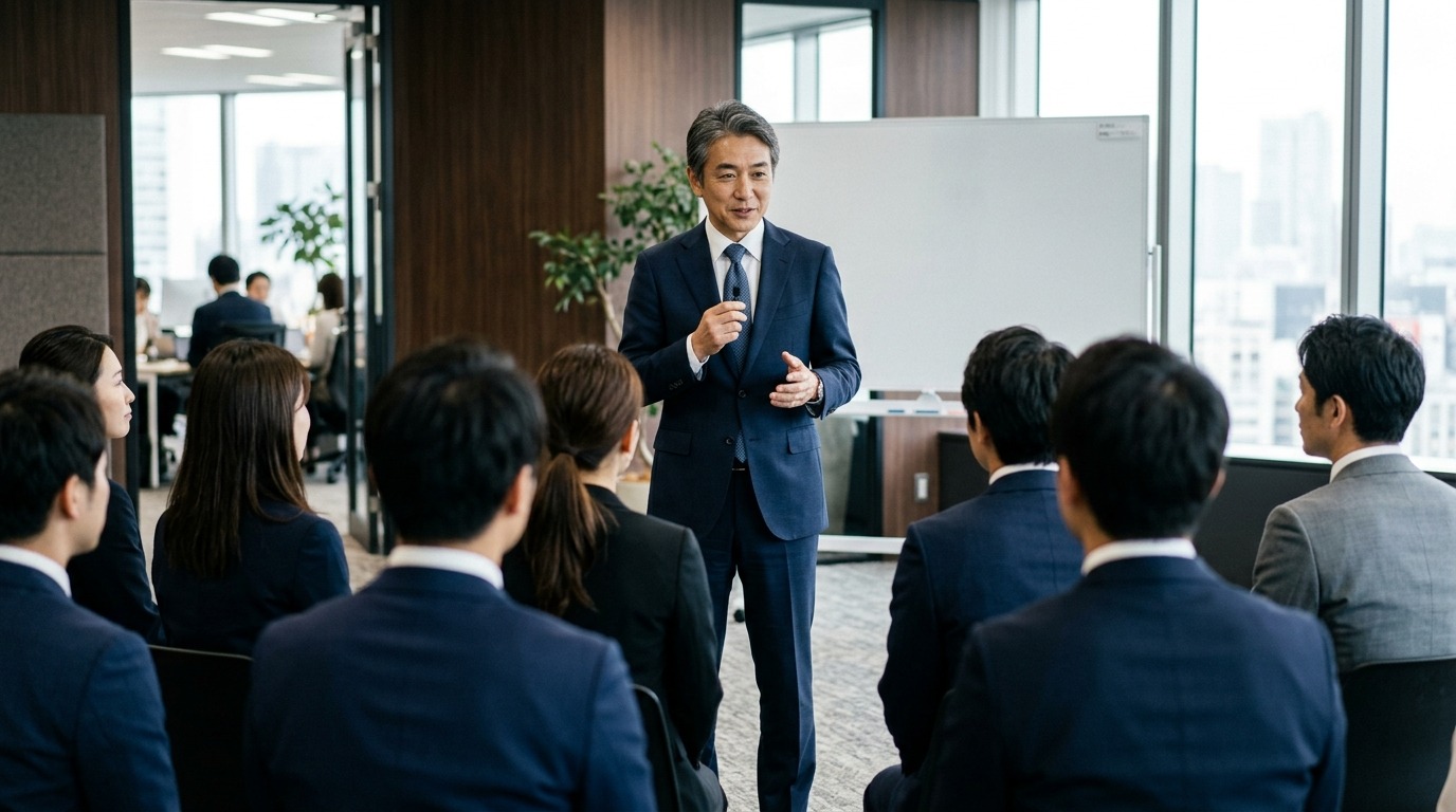 オフィスで社員一人ひとりの顔を見ながら自分の考えを静かに語っている50代の男性経営者