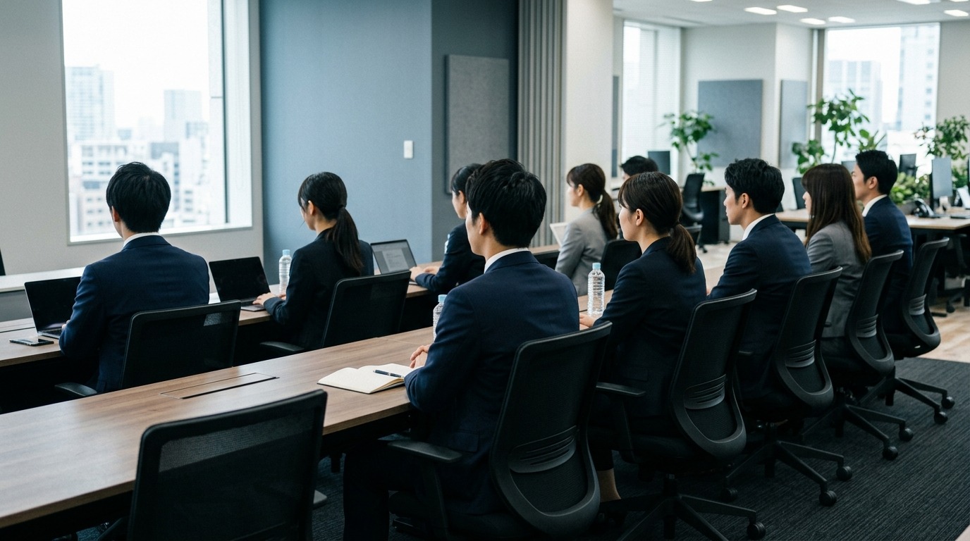 オフィスで並んで座り同じ方向を向いて話を聞いている社員たちの後ろ姿