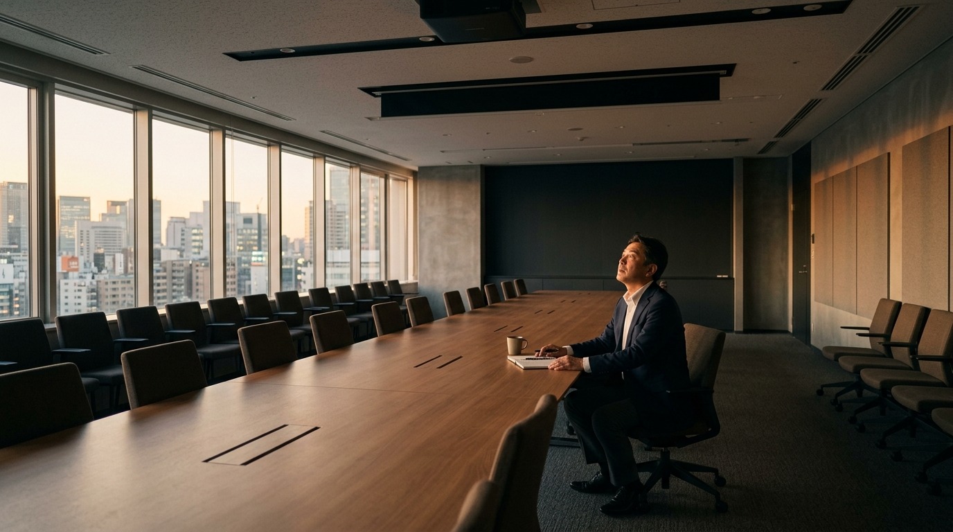 会議室に一人残って天井を見上げながら考え込んでいる中小企業の男性経営者