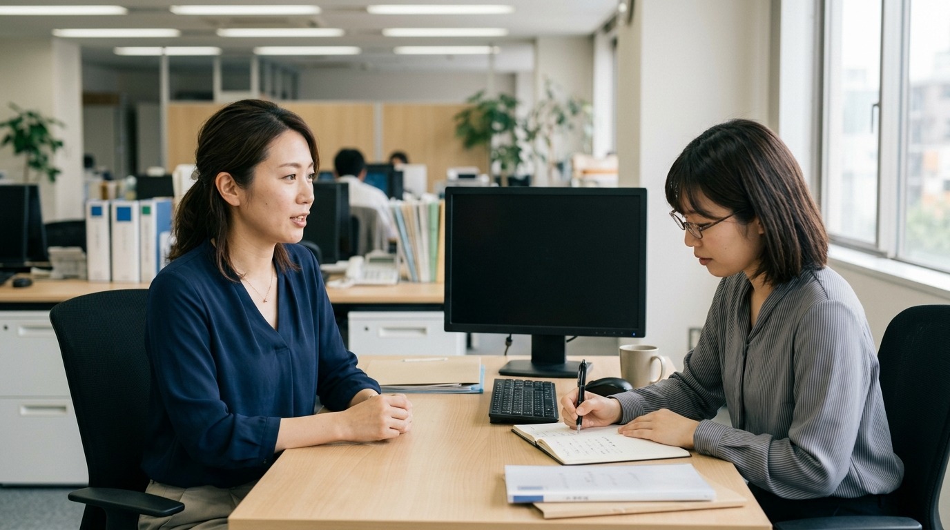 オフィスで一人が話しもう一人が内容を記録している月次ヒアリングの様子