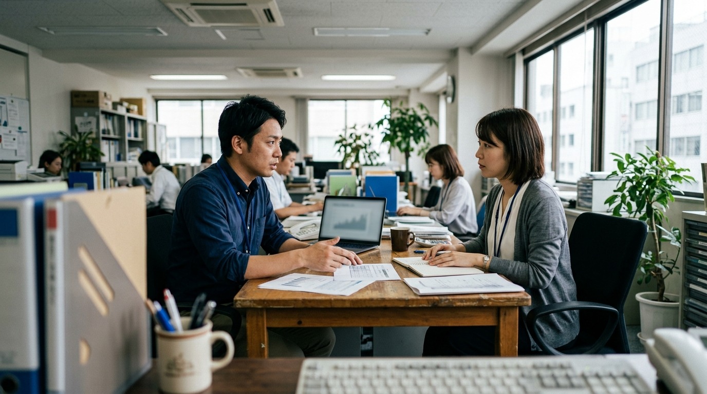 日本の中小企業のオフィスで30代の社員2名が机を挟んで話し合っている様子