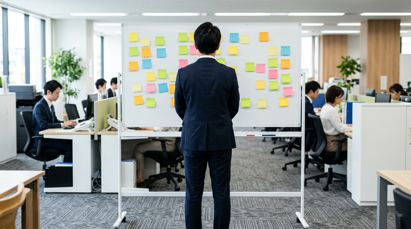 オフィスで複数の付箋が貼られた無地のボードの前に立つ人物の後ろ姿