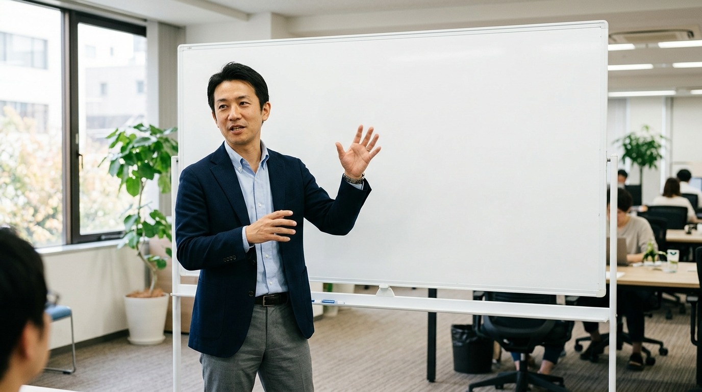 オフィスのホワイトボードの前に立ち身振りを交えて自部署の方針を説明している40代の男性管理職