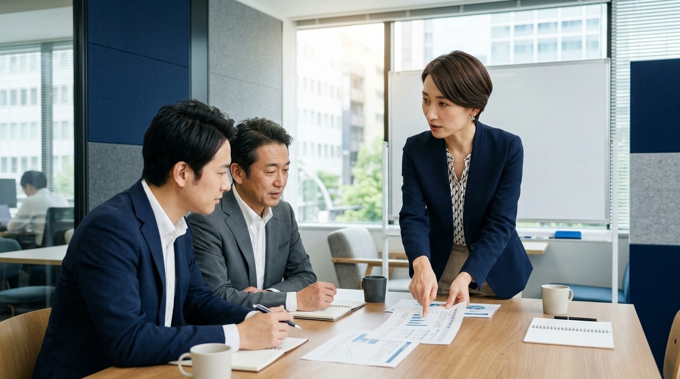会議室で資料を指し示しながら方針を説明する女性管理職とそれを聞く2名の社員