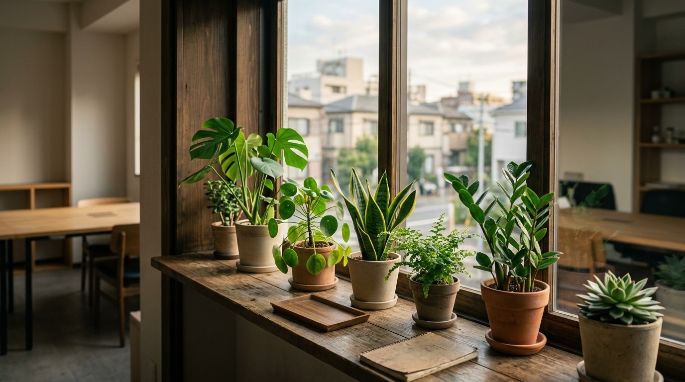 日本のオフィスの窓辺に並んだ複数の観葉植物と朝の光
