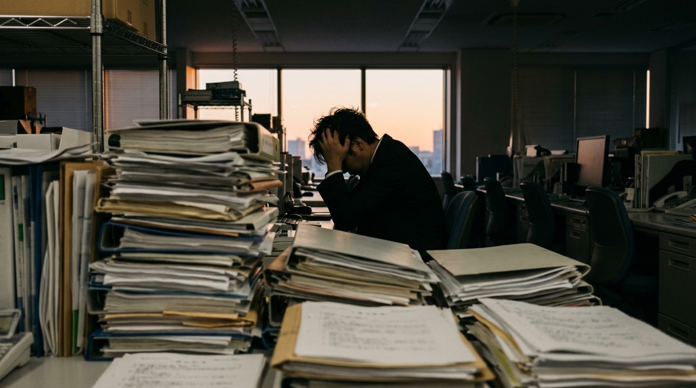 オフィスで山積みになった書類の向こうで頭を抱えている中小企業の採用担当者