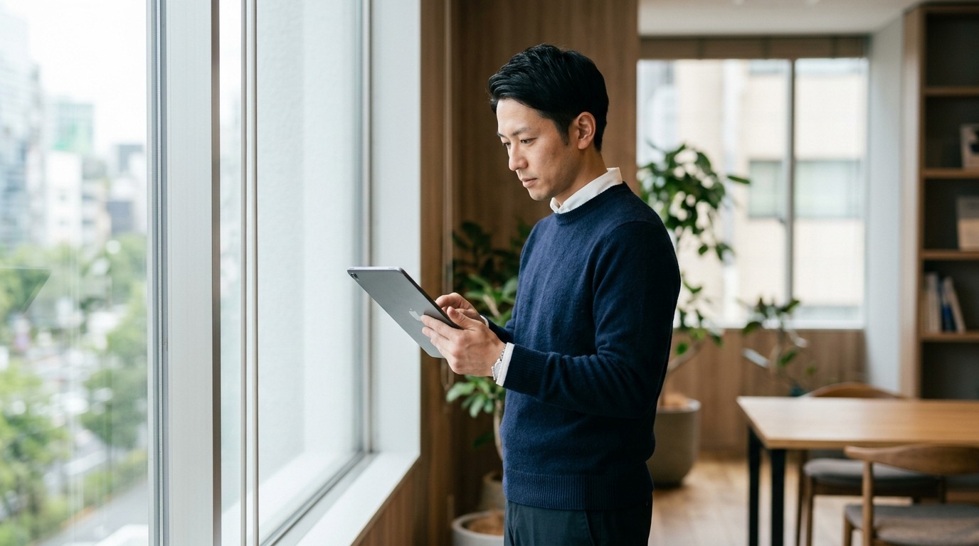 タブレット端末を手に持ち立ったまま企業の情報を確認している30代の求職者