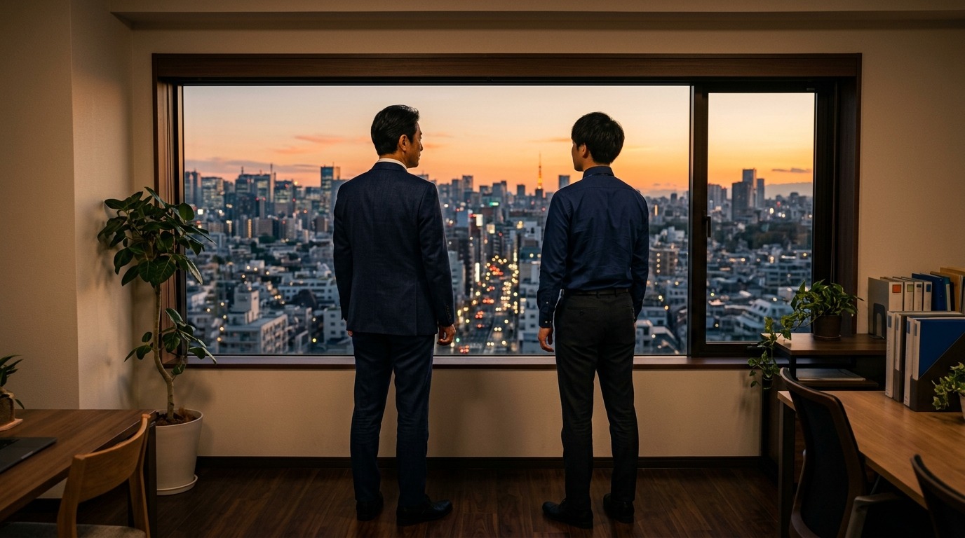 窓の外の街並みを見ながら並んで同じ方向を向いている経営者と社員の後ろ姿