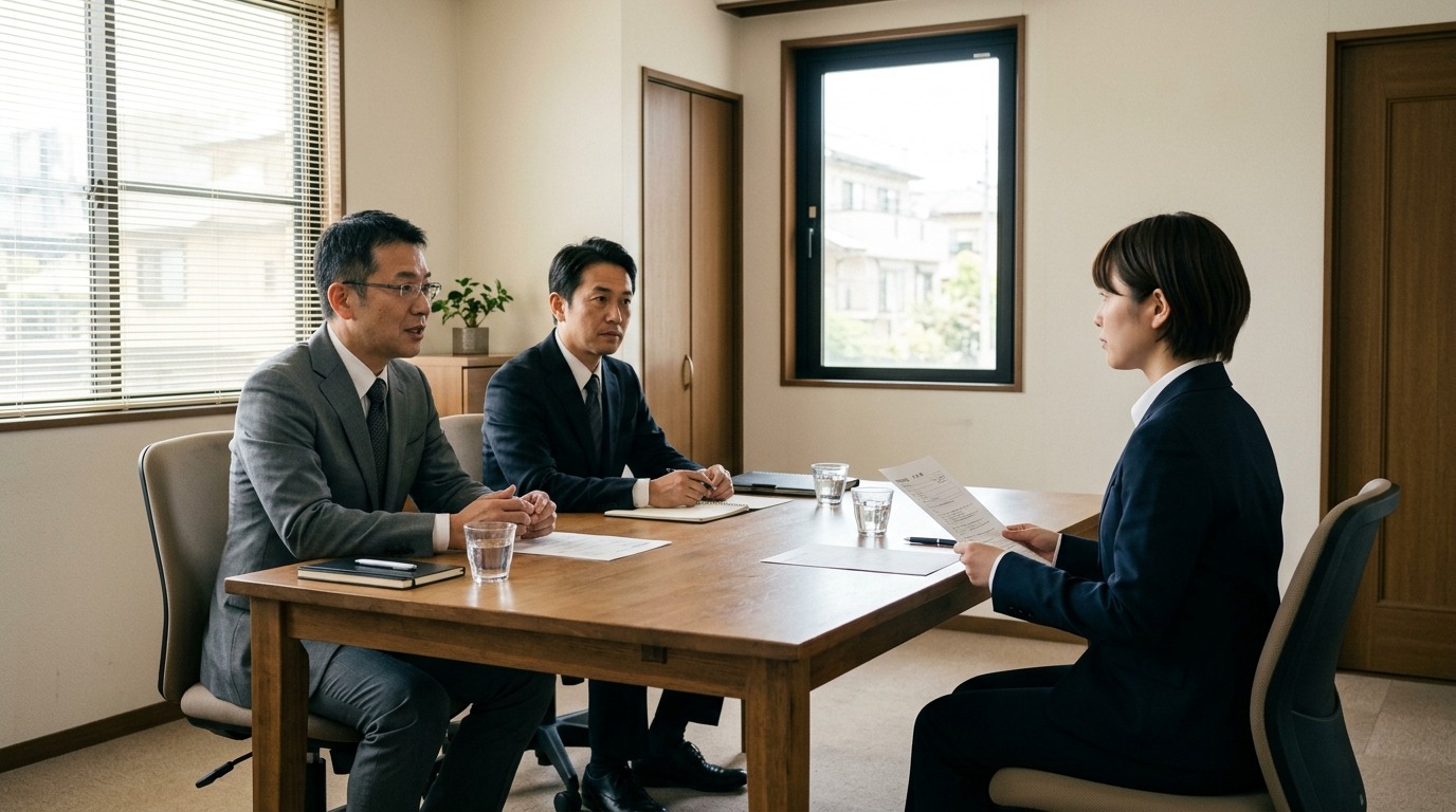 テーブルを挟んで向き合う中小企業の面接風景