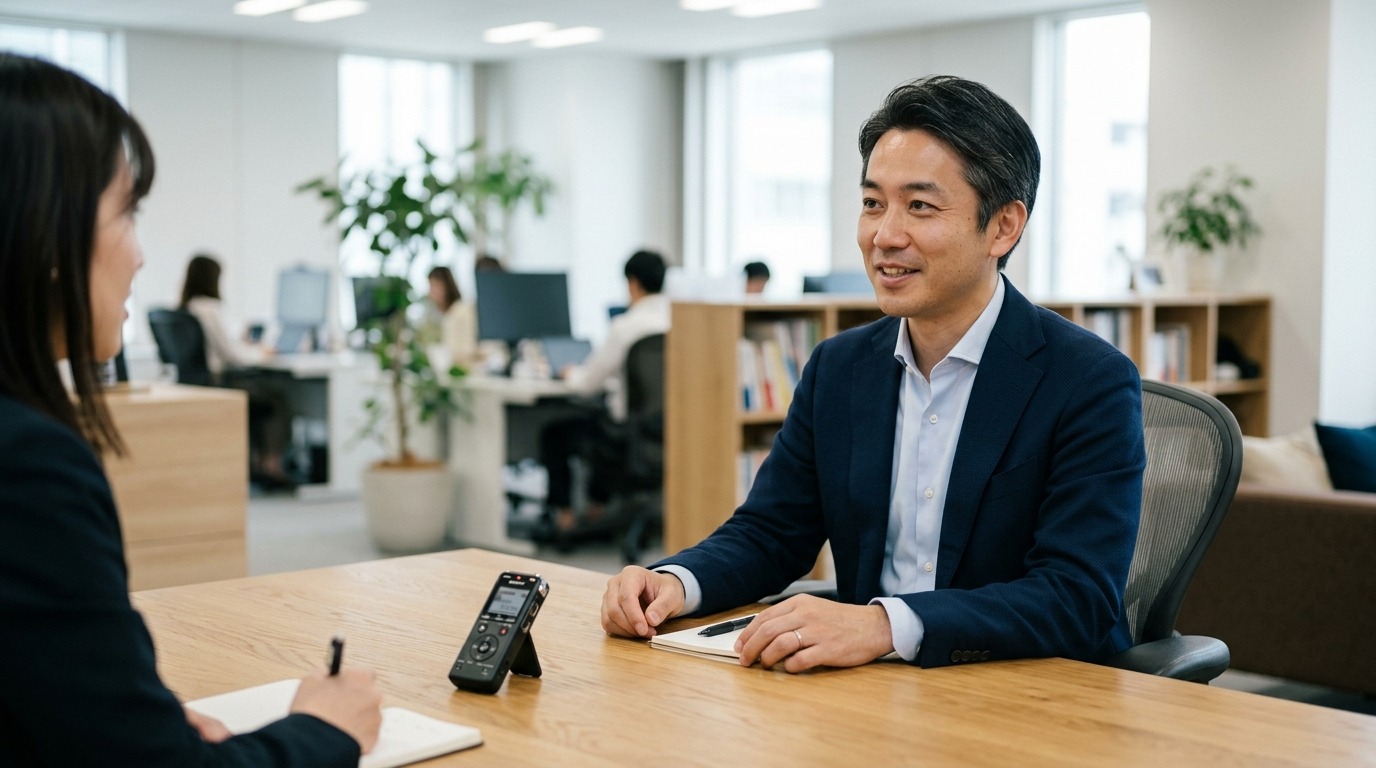 オフィスでインタビューに答える中小企業の担当者
