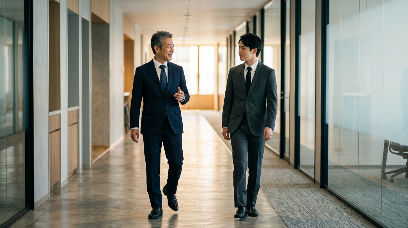 日本のオフィスの廊下で経営者と若手社員が並んで歩きながら話している様子