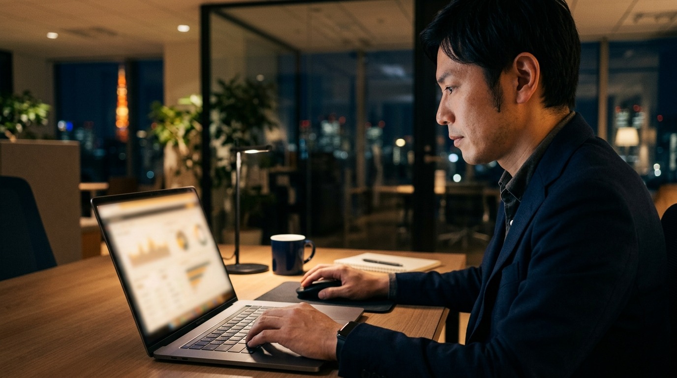夜のオフィスでノートパソコンの画面を見ながら分析している日本人の手元と横顔