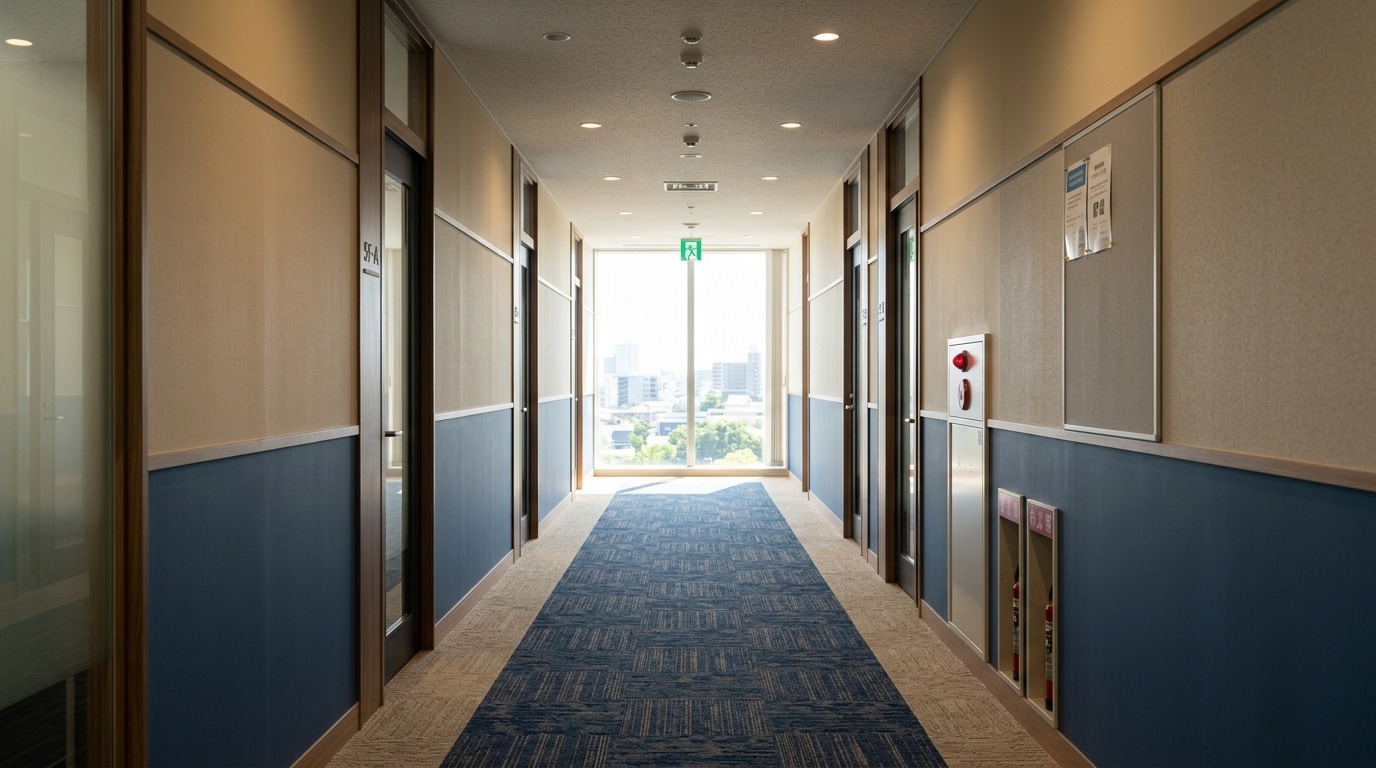 日本のオフィスの廊下の先にある明るい窓から光が差し込んでいる奥行きのある風景
