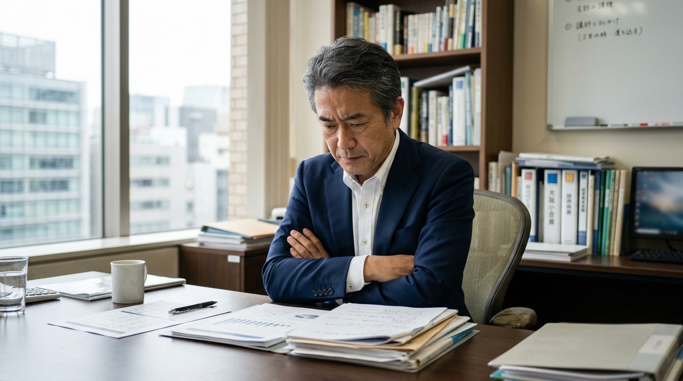 中小企業の経営者が採用の課題について考えている場面