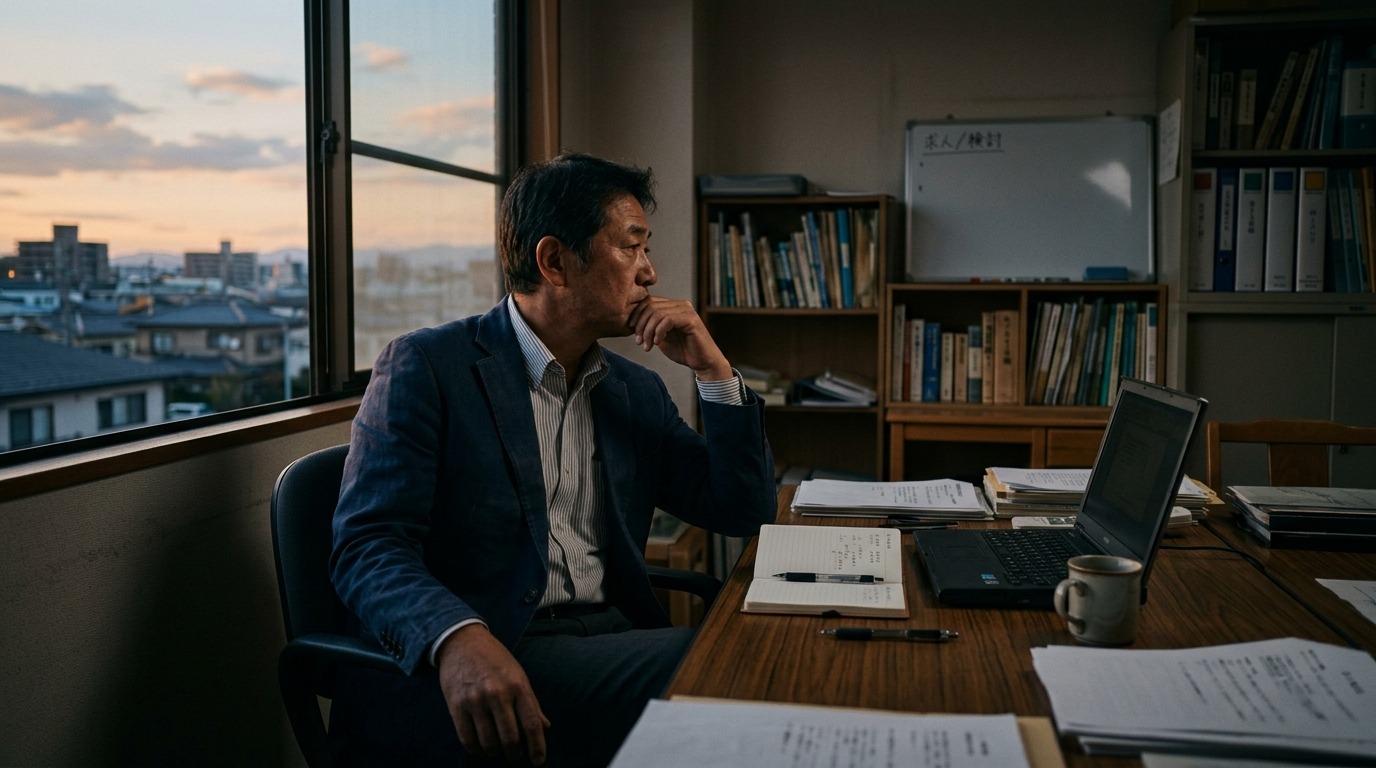 日本の中小企業の経営者が薄暗いオフィスで応募の来ない求人について考え込んでいる様子