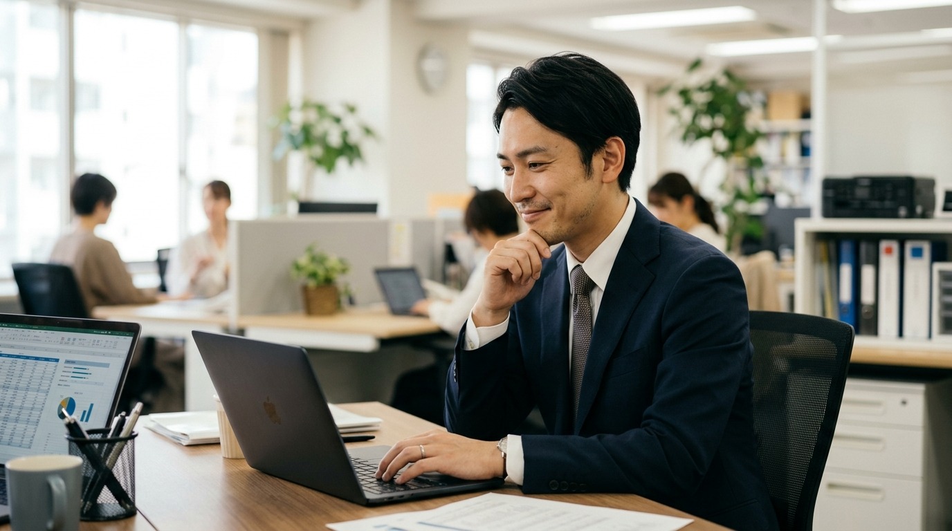 日本のオフィスで30代の男性社員が自分の仕事に手応えを感じてうなずいている表情