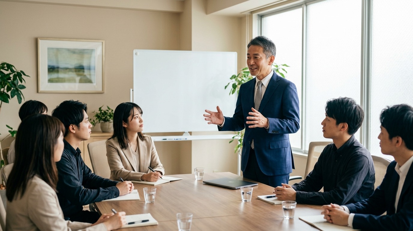 会議室で若手社員に向けて自分の考えを語っている中小企業の経営者