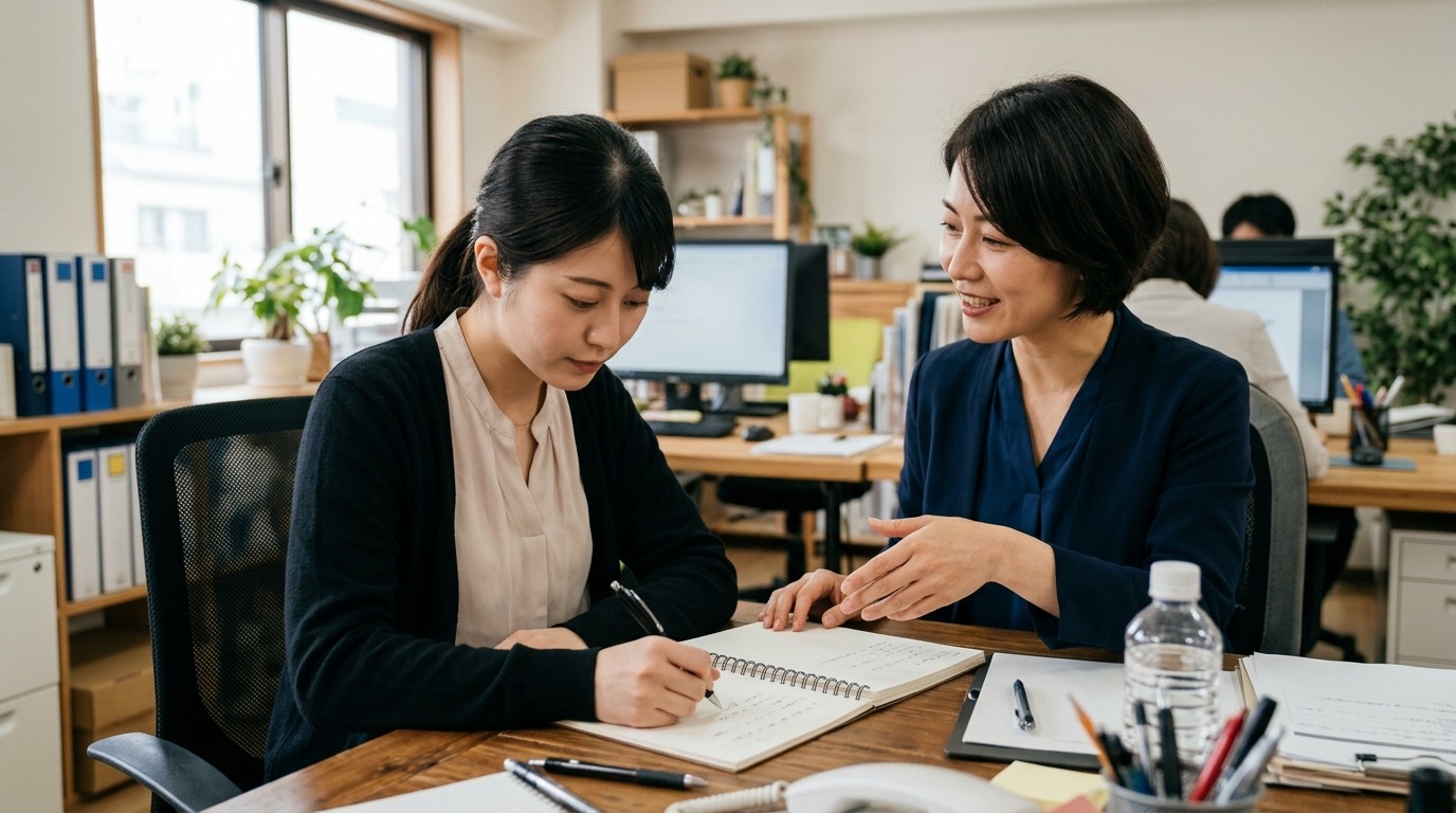 先輩社員から仕事を教わりながらメモを取る若手社員