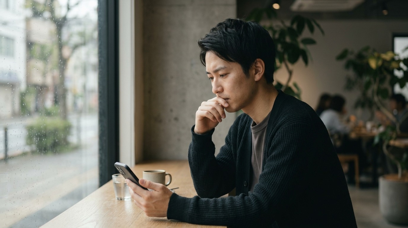 スマートフォンで企業情報を見ながら考え込む若手の求職者