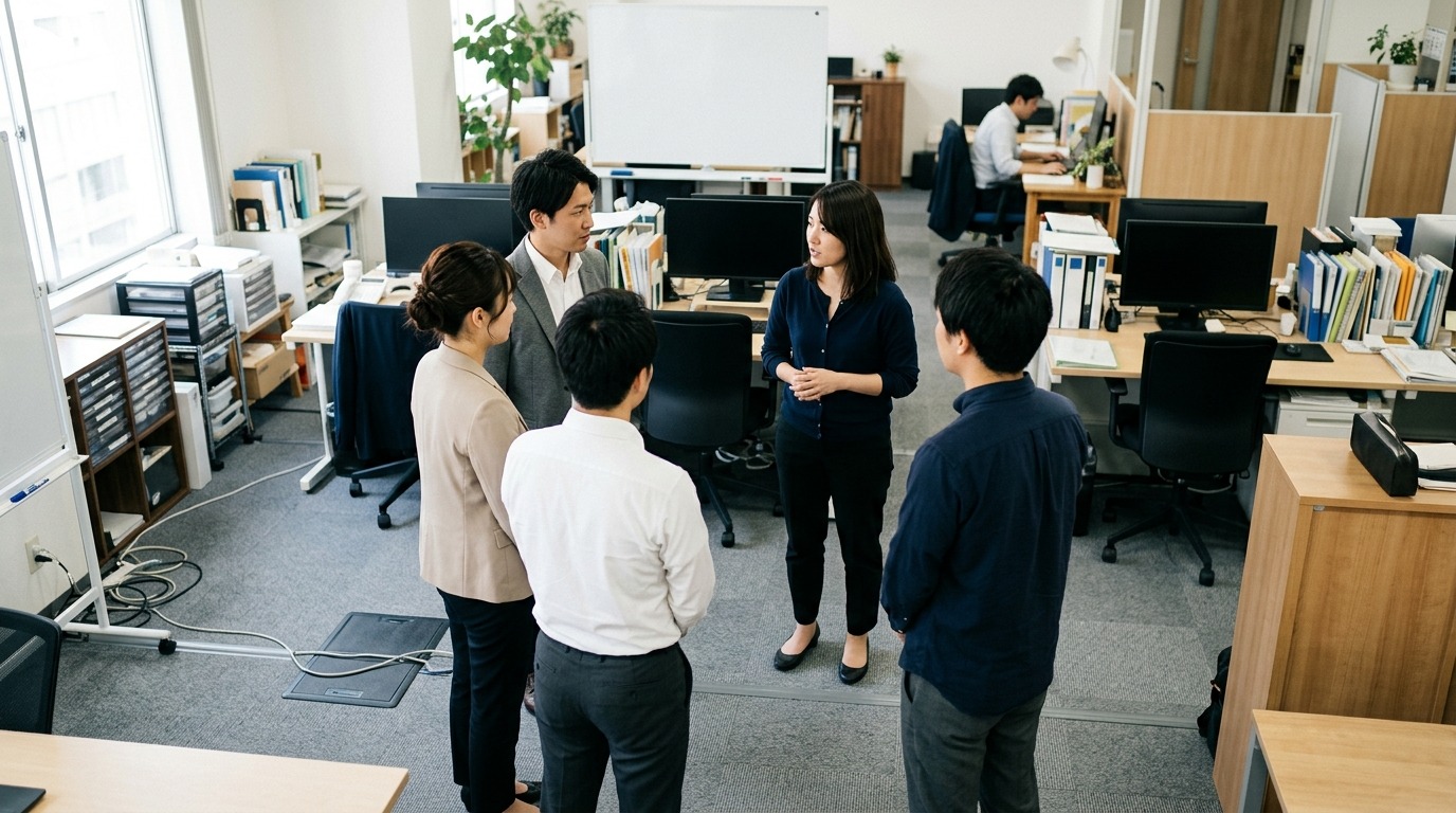 オフィスで円になって立ち話をする中小企業のチーム