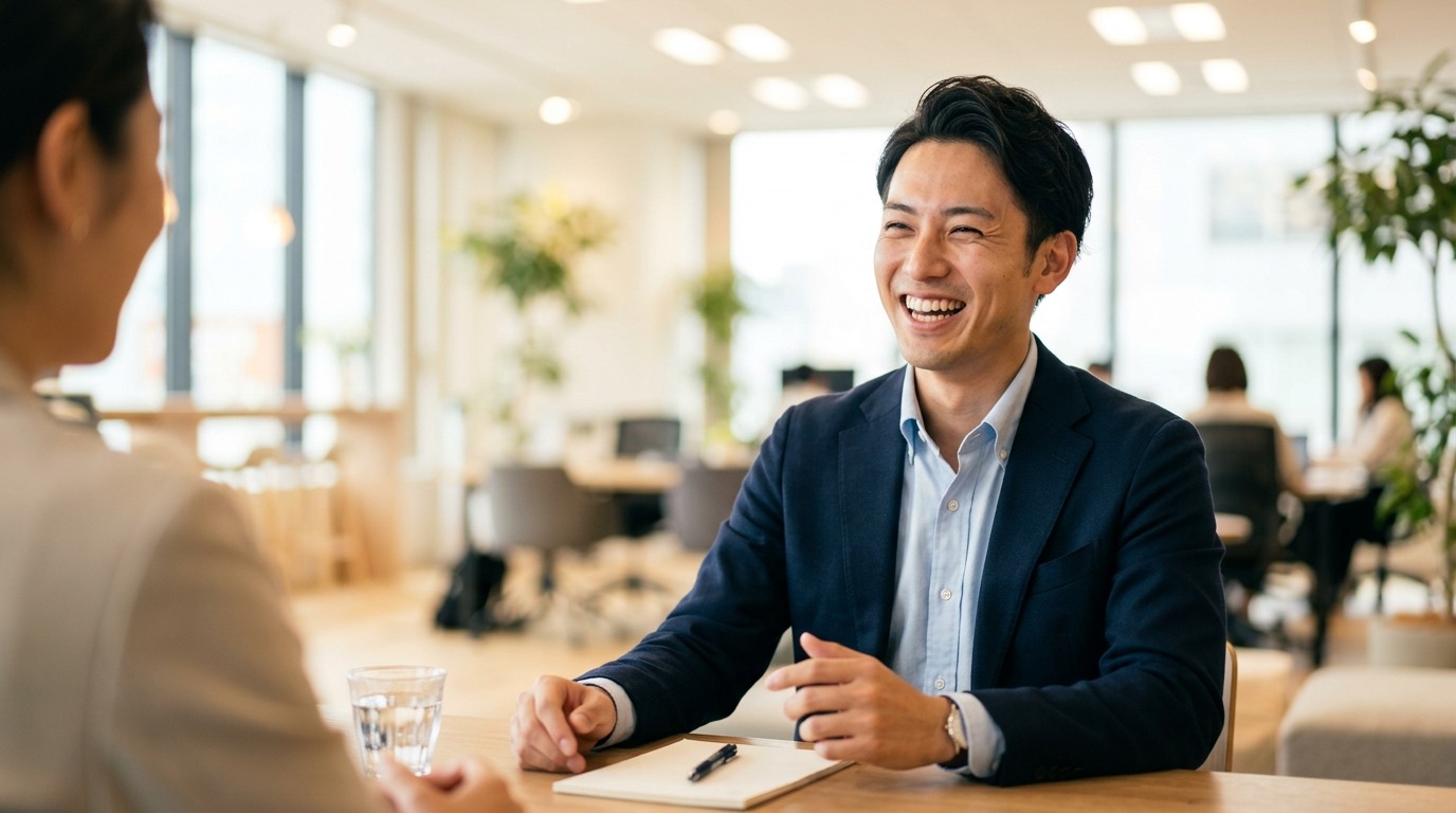 インタビューに答えて笑顔で話す若手社員