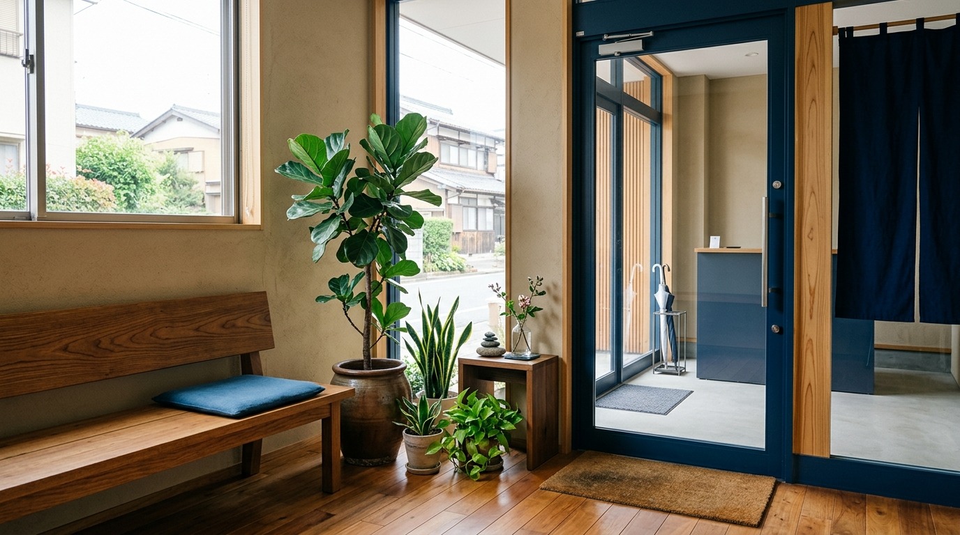 観葉植物とベンチのある日本の中小企業の静かなエントランス