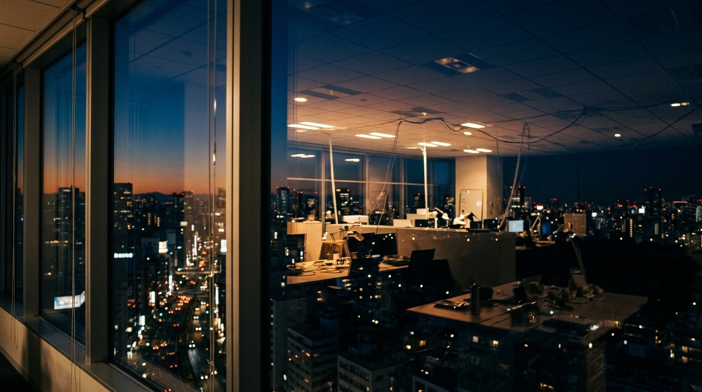 日本のオフィスの窓ガラスに室内の照明と外の夕景が重なって映り込んでいる風景