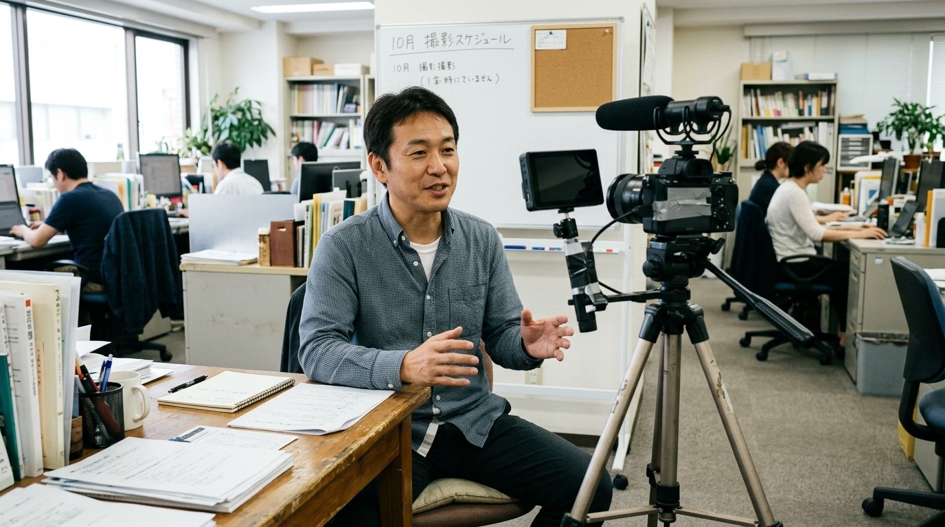 オフィスでカメラの前に座り自分の考えを話している中小企業の経営者