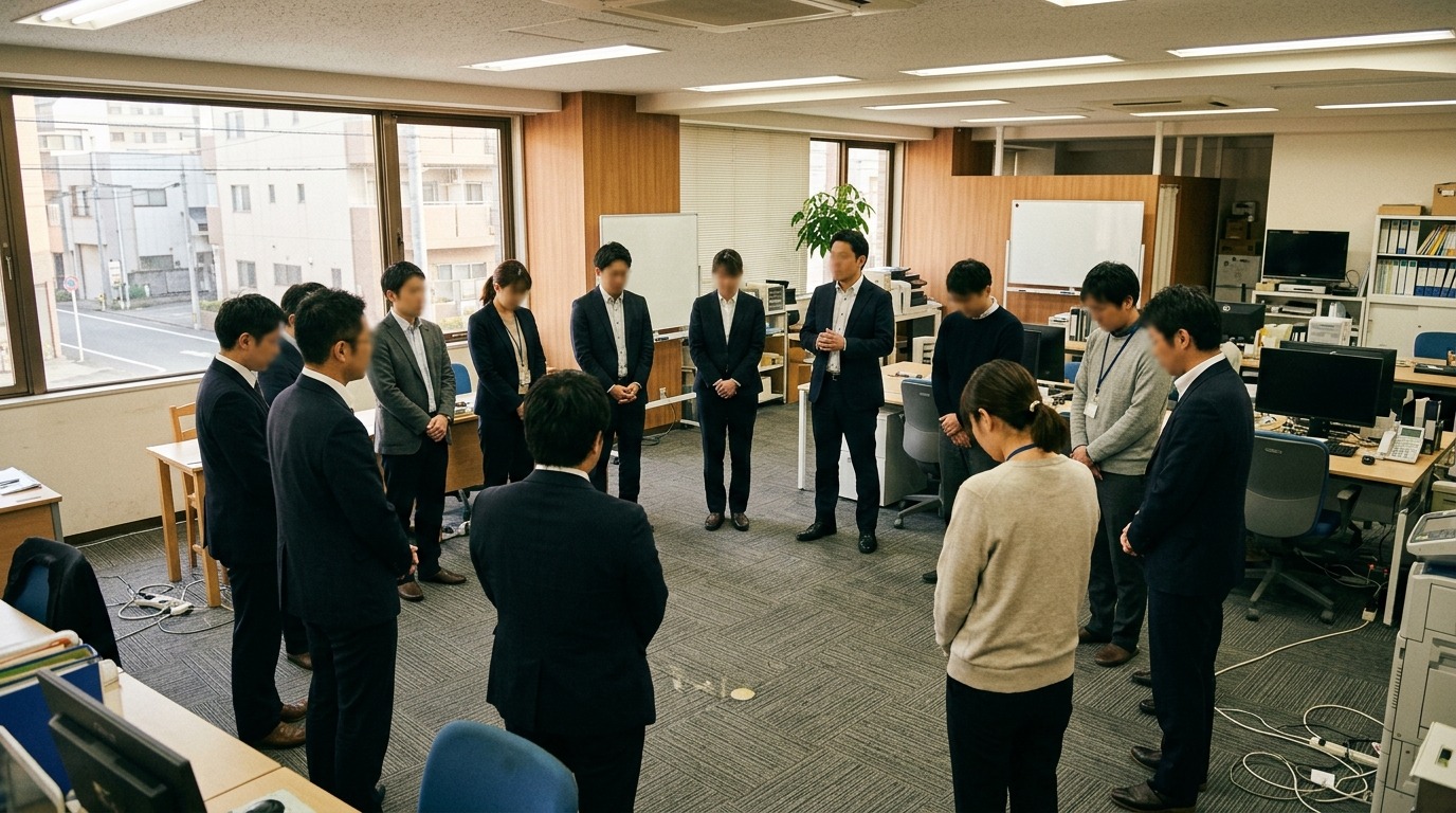 朝礼で輪になって立つ中小企業の社員たち