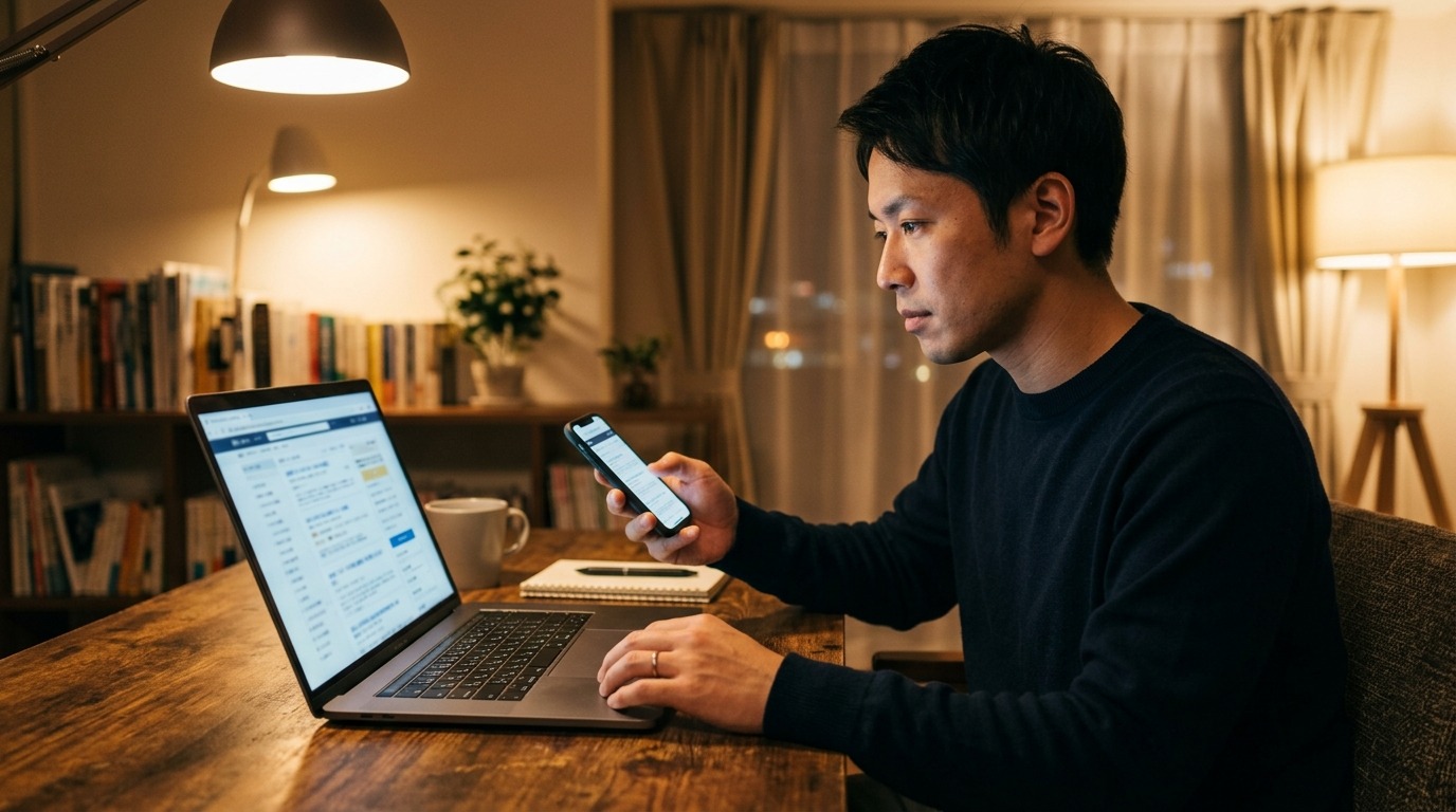 複数の求人情報を見比べながら会社を選んでいる求職者