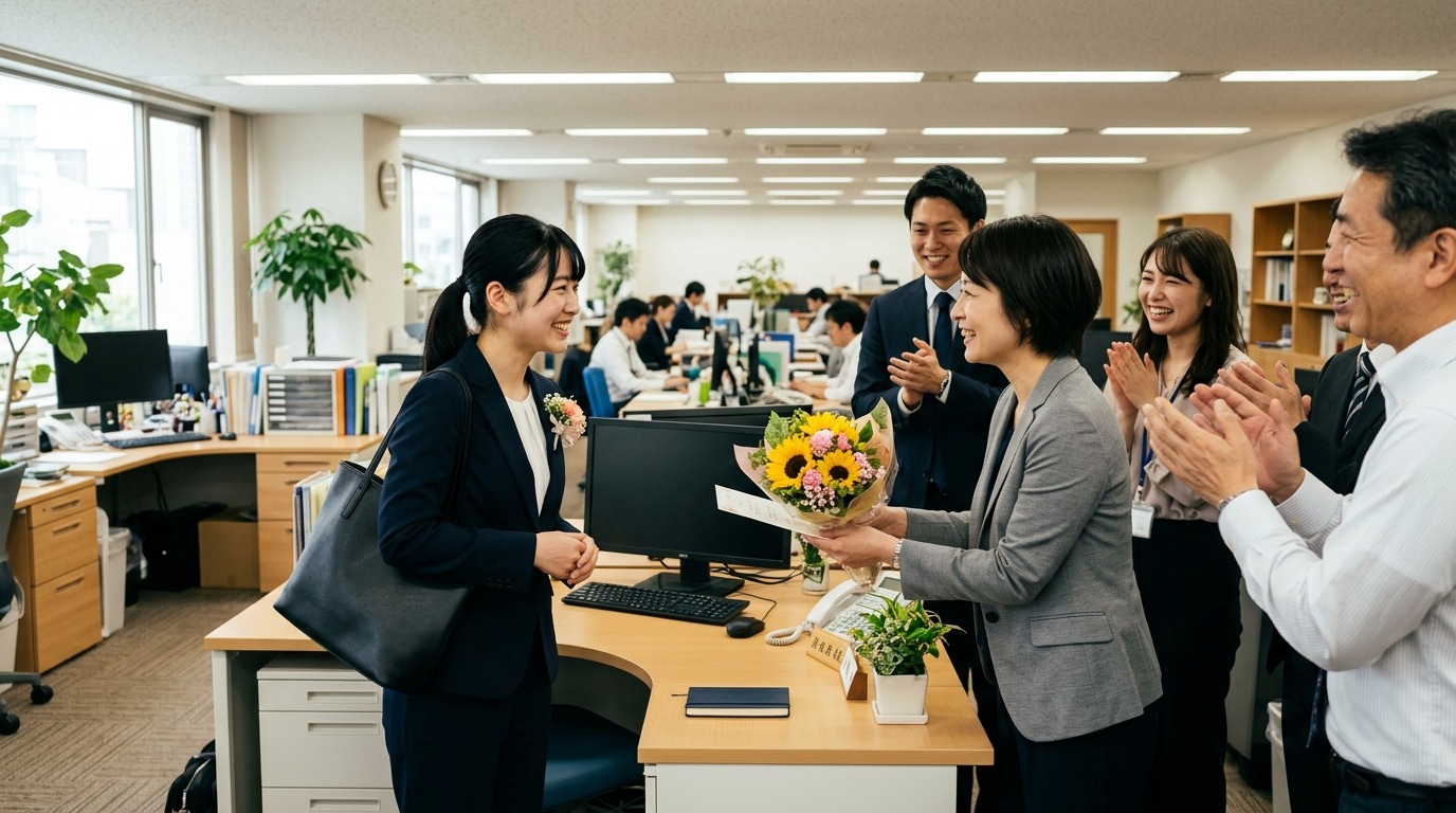 日本のオフィスで新入社員が先輩社員から歓迎されている入社初日の風景