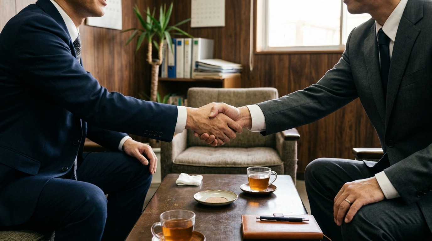 日本の中小企業の応接スペースで経営者と来客が握手を交わしている手元