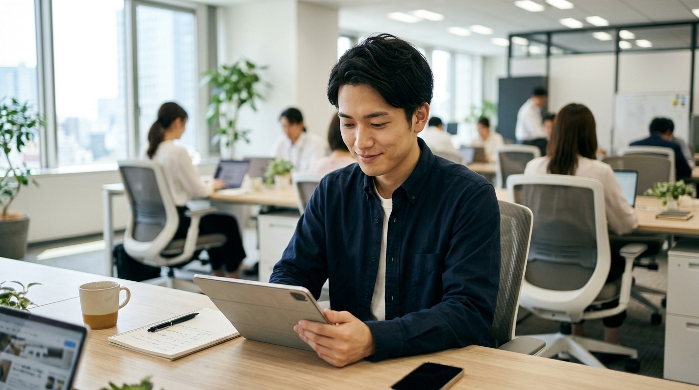 社員が記事を読んで上司の考えを理解している場面